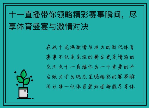 十一直播带你领略精彩赛事瞬间，尽享体育盛宴与激情对决