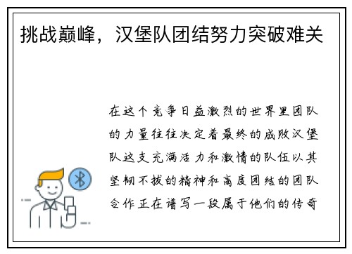 挑战巅峰，汉堡队团结努力突破难关