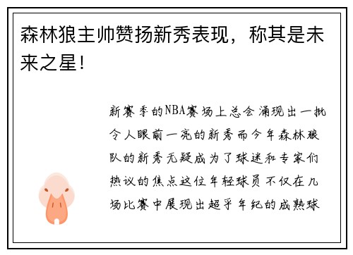 森林狼主帅赞扬新秀表现，称其是未来之星！