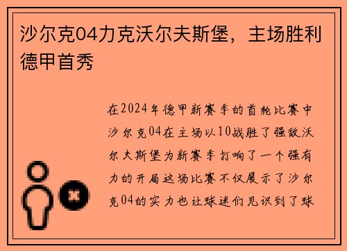 沙尔克04力克沃尔夫斯堡，主场胜利德甲首秀
